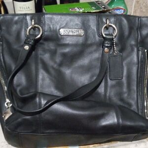 Coach Black Leather Tote with Silver Accents